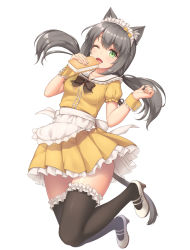Rule 34 | 1girl, animal ear fluff, animal ears, apron, black hair, black thighhighs, bow, bowtie, cat ears, cat girl, cat tail, dress, food, frilled thighhighs, frills, full body, green eyes, ice cream, jumping, looking at viewer, low twintails, maid, maid apron, maid headdress, mary janes, one eye closed, open mouth, original, puffy short sleeves, puffy sleeves, sasaame, shoes, short dress, short sleeves, solo, tail, thighhighs, twintails, waist apron, wrist cuffs