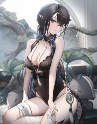 Rule 34 | 1girl, arknights, bare arms, bare shoulders, black hair, black nails, black one-piece swimsuit, blacknight (arknights), blacknight (summer flower) (arknights), blue hair, bonsai, braid, breasts, brown eyes, casual one-piece swimsuit, cleavage, collarbone, creature, highres, horns, long hair, looking at viewer, masai no senshi, medium breasts, mole, mole on arm, mole on breast, mole under eye, multicolored hair, nail polish, one-piece swimsuit, parted lips, plant, pointy ears, sitting, smile, solo, swimsuit, tail, tassel, thigh strap, two-tone hair, very long hair