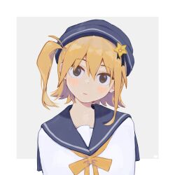 Rule 34 | 1girl, alternate costume, blonde hair, blue hat, blue sailor collar, bow, bowtie, closed mouth, grey background, hair between eyes, hair ornament, hat, head tilt, highres, kagerou project, kisaragi momo, long sleeves, looking at viewer, neckerchief, one side up, sailor collar, sailor hat, shirt, short hair, solo, star (symbol), star hair ornament, taurus (symbol), upper body, white shirt, whitegull666, yellow bow, yellow bowtie, yellow neckerchief
