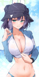 Rule 34 | 1girl, absurdres, animal ears, blue archive, blush, breasts, cleavage, collarbone, cropped jacket, glaring, halo, hat, highres, jjjsss, large breasts, long sleeves, looking at viewer, navel, purple hair, saki (blue archive), saki (swimsuit) (blue archive), short hair, solo, swimsuit, wet, zipper pull tab