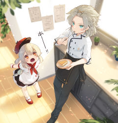 Rule 34 | 1boy, 1girl, :o, ahoge, albedo (genshin impact), alternate costume, apron, aqua eyes, black footwear, black pants, blurry, cactus, chef, commentary request, contemporary, depth of field, dodoco (genshin impact), eating, fork, from above, genshin impact, hair between eyes, hair ornament, hat, unworn hat, unworn headwear, highres, holding, holding fork, kitchen, klee (genshin impact), light brown hair, long hair, looking at another, looking away, looking up, low twintails, malmaron, mary janes, orange eyes, pants, plant, plate, pocket, pointy ears, potted plant, red footwear, red headwear, shoes, shortcake, sidelocks, silver hair, sticky note, surprised, sweat, translation request, twintails, window, wooden floor, wristband, x hair ornament