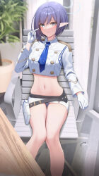 Rule 34 | 1girl, absurdres, adapted costume, aoi (blue archive), bare legs, belt, belt pouch, blue archive, blue eyes, blue hair, blurry, buttons, chair, closed mouth, collared shirt, crop top, crop top overhang, depth of field, doenji (auto7233), double-breasted, earrings, feet out of frame, frown, gloves, halo, hand up, highres, jewelry, long sleeves, looking at viewer, loose belt, microskirt, midriff, mole, mole under eye, navel, necktie, pointy ears, pouch, shirt, short hair, sidelocks, sitting, skirt, solo, stomach, thigh gap, thighs, white gloves, white shirt, white skirt
