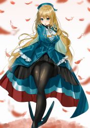 Rule 34 | 1girl, ascot, atago (kancolle), beret, black pantyhose, blonde hair, blue footwear, blue hat, blue jacket, breasts, crossed legs, feathers, frilled sleeves, frills, full body, fur collar, hair between eyes, hat, highres, jacket, kantai collection, large breasts, long hair, military, military uniform, pantyhose, skirt, skirt hold, ueruko, uniform, white background