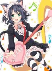 Rule 34 | 10s, 1girl, :d, animal ears, beamed semiquavers, bell, black hair, blush, bow, bowtie, buttons, cat ears, cat tail, cyan (show by rock!!), dress, dutch angle, electric guitar, eyebrows, fang, frilled dress, frills, green eyes, guitar, hairband, heart, holding, holding instrument, instrument, jingle bell, juliet sleeves, lolita hairband, long sleeves, looking at viewer, music, musical note, open mouth, outstretched arm, pink bow, pink bowtie, playing instrument, puffy sleeves, quaver, ringlets, shiina kuro, short hair, show by rock!!, smile, solo, star (symbol), striped clothes, striped thighhighs, tail, teeth, thighhighs