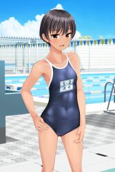 Rule 34 | 1girl, absurdres, black hair, blue one-piece swimsuit, blue sky, brown eyes, cloud, commentary request, competition school swimsuit, covered navel, day, feet out of frame, hand on own hip, highres, lane line, name tag, one-piece swimsuit, original, outdoors, pool, pool ladder, school swimsuit, short hair, sky, solo, standing, starting block, swimsuit, takafumi, tan, tomboy, variant set