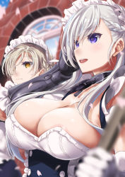 Rule 34 | 2girls, apron, areola slip, azur lane, belfast (azur lane), blue eyes, blue sky, blurry, blurry foreground, blush, braid, breasts, broom, chain, cleavage, closed mouth, collarbone, day, depth of field, dress, elbow gloves, expressionless, french braid, frilled gloves, frills, gauntlets, gloves, hair over one eye, hand on own head, hand to own head, highres, holding, holding broom, large breasts, long hair, long sleeves, maid, maid headdress, morimoto kiyona, multiple girls, nipple slip, nipples, open mouth, outdoors, petals, sheffield (azur lane), short hair, sidelocks, silver hair, sky, smile, yellow eyes