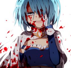 Rule 34 | 10s, 1girl, armband, bad id, bad pixiv id, blood, blood on clothes, blood on face, blue eyes, blue hair, cape, gloves, hand on own face, hiiragi fuyuki, magical girl, mahou shoujo madoka magica, mahou shoujo madoka magica (anime), matching hair/eyes, miki sayaka, miki sayaka (magical girl), misoan, open mouth, short hair, simple background, solo, tears, white background