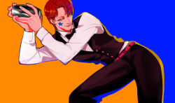 Rule 34 | 1boy, barista, cup, facepaint, hair down, hisoka morow, holding, holding cup, hunter x hunter, kilva lollop, long sleeves, makeup, male focus, red hair, simple background, smile, solo, vest, yellow eyes