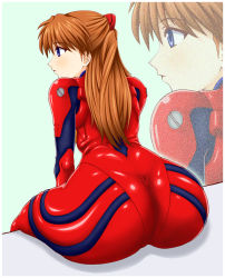 Rule 34 | 1girl, adapted costume, ass, ass focus, blue eyes, blush, butt crack, close-up, hair ornament, highres, huge ass, long hair, looking away, neon genesis evangelion, nipples, pixiv1478062, plugsuit, shiny clothes, shiny skin, sitting, skin tight, solo, souryuu asuka langley, twintails, two side up, wide hips, zoom layer
