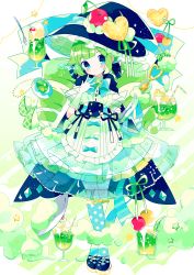 Rule 34 | 1girl, asymmetrical legwear, blue cape, blue eyes, blue neckwear, bow, cape, cherry, commentary request, cup, dress, drill hair, drinking straw, food, fruit, full body, gloves, green dress, green hair, hair bow, hands up, hat, hat ribbon, heart, highres, holding, holding staff, hood, hooded cape, long hair, magical girl, melon soda, original, puffy sleeves, ribbon, saijo1201, see-through, see-through skirt, short sleeves, skirt, solo, staff, standing, star (symbol), uneven legwear, white gloves, witch, witch hat