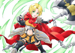 Rule 34 | 1girl, absurdres, amelia (fire emblem), aura, black skirt, black thighhighs, blonde hair, breasts, commentary request, curtained hair, eyelashes, fire emblem, fire emblem: the sacred stones, fire emblem heroes, gauntlets, green eyes, halberd, highres, holding, holding polearm, holding weapon, looking at viewer, medium breasts, midori no baku, midriff, navel, nintendo, official alternate costume, open mouth, polearm, short hair, skirt, solo, teeth, thighhighs, upper teeth only, weapon, white background