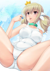 Rule 34 | 10s, 1girl, arm support, bare arms, bare legs, blonde hair, blue background, breasts, brown eyes, cleavage, collarbone, covered erect nipples, covered navel, hair between eyes, hassen (8cm), impossible clothes, kafuru (senran kagura), large breasts, looking at viewer, one-piece swimsuit, senran kagura, short twintails, solo, spread legs, swimsuit, thighs, tongue, tongue out, twintails, white one-piece swimsuit