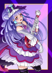Rule 34 | 1girl, :d, black thighhighs, bow, cure amour, dress, earrings, floating hair, gloves, hair bow, highres, holding, holding instrument, hugtto! precure, instrument, itou shin&#039;ichi, jewelry, layered dress, leg up, long hair, looking at viewer, open mouth, precure, purple bow, purple dress, purple eyes, purple gloves, purple hair, purple neckwear, smile, solo, standing, standing on one leg, thighhighs, very long hair, white gloves