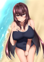 Rule 34 | 1girl, :o, alternate costume, beach, blue one-piece swimsuit, blurry, blush, breasts, cleavage, competition school swimsuit, covered navel, cowboy shot, day, depth of field, embarrassed, fate/grand order, fate (series), from above, hair between eyes, hair intakes, halterneck, hand on own chest, highres, kitajima yuuki, large breasts, legs together, long hair, looking at viewer, ocean, one-piece swimsuit, outdoors, purple hair, red eyes, sand, scathach (fate), school swimsuit, solo, standing, sweat, swimsuit, very long hair