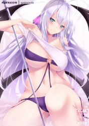 Rule 34 | 1girl, antenna hair, aqua eyes, bad id, bad pixiv id, bare shoulders, bikini, blush, breasts, closed mouth, clothes lift, collarbone, demon wings, gainoob, hair between eyes, hair ribbon, high school dxd, large breasts, long hair, looking at viewer, navel, o-ring, o-ring bikini, off-shoulder shirt, off shoulder, ribbon, rossweisse, shirt, shirt lift, short sleeves, silver hair, sitting, smile, solo, very long hair, white shirt, wings