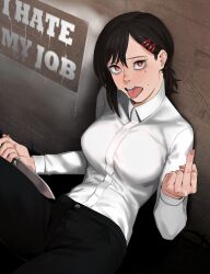 Rule 34 | 1girl, black hair, blush, breasts, chainsaw man, english text, hair ornament, hairclip, higashiyama kobeni, highres, holding, holding knife, hong doo, knife, large breasts, looking at viewer, medium breasts, middle finger, mole, mole under eye, open mouth, red eyes, sitting, solo, teeth, tongue, tongue out