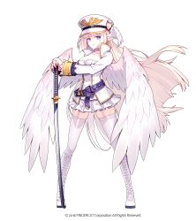 Rule 34 | 1girl, absurdres, angel girl, angel wings, blonde hair, blue eyes, boots, character request, copyright request, full body, hat, highres, hwansang, long hair, military, military hat, military uniform, official art, pointy ears, solo, sword, uniform, weapon, white background, wings