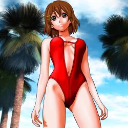 Rule 34 | 1girl, brown eyes, brown hair, casual one-piece swimsuit, hair ornament, hairclip, hirasawa yui, k-on!, nike (0306), one-piece swimsuit, palm tree, short hair, solo, swimsuit, tree
