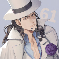 Rule 34 | 1boy, black hair, blue shirt, closed mouth, coat, collared shirt, commentary request, facial hair, flower, goatee, hat, long hair, looking at viewer, male focus, numbered, one piece, purple flower, purple rose, rob lucci, rose, shirt, solo, top hat, upper body, v-shaped eyebrows, white coat, white hat, yoshicha