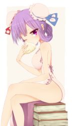 Rule 34 | 1girl, alternate costume, alternate hairstyle, baozi, book, bow, china dress, chinese clothes, double bun, dress, eating, food, kuresento, patchouli knowledge, purple eyes, purple hair, short hair, simple background, solo, touhou, white background