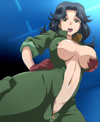 Rule 34 | 10s, 1girl, areola slip, bad id, bad pixiv id, banboro (technobot), black hair, grabbing another&#039;s breast, breasts, breasts apart, covered erect nipples, from below, gloves, grabbing, hand on own hip, large breasts, long hair, looking down, majestic prince, navel, nipples, no bra, no panties, open clothes, open mouth, saionji reika (majestic prince), shiny skin, sleeves rolled up, solo, yellow eyes, zipper