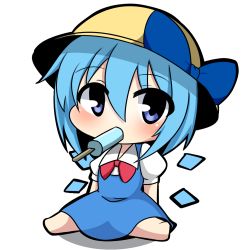 Rule 34 | 1girl, alternate headwear, blue dress, blue eyes, blue hair, bow, chibi, cirno, dress, food, hat, hat bow, ice, ice wings, looking at viewer, matching hair/eyes, mouth hold, popsicle, puffy sleeves, shirt, short sleeves, simple background, sitting, solo, touhou, twumi, wariza, white background, wings