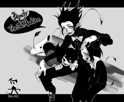 Rule 34 | 3boys, agen chiita, bendy, bendy and the ink machine, black eyes, black hair, boris the wolf, cane, colored skin, copyright name, demon tail, dual persona, gloves, grey background, greyscale, horns, letterboxed, male focus, monochrome, multiple boys, personification, simple background, sitting, speech bubble, tail, twitter username, white gloves, white skin