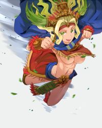 Rule 34 | 1girl, blonde hair, breasts, cape, censored, convenient censoring, fate/grand order, fate (series), green eyes, groin, hsin, leaf, leaf censor, long hair, midair, navel, censored nipples, quetzalcoatl (fate), solo, thighs, underboob