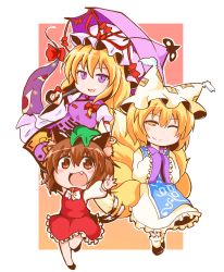 Rule 34 | 3girls, ;), animal ears, animal hat, blonde hair, bow, bowtie, brown eyes, brown hair, cat ears, cat tail, chen, chibi, chinese clothes, commentary, dress, earrings, fang, fox ears, fox tail, frilled skirt, frills, full body, gap (touhou), green hat, hair between eyes, hands in opposite sleeves, hat, hat ribbon, holding, holding umbrella, jewelry, long hair, long sleeves, looking at viewer, mob cap, multiple girls, multiple tails, one eye closed, open mouth, outstretched arms, parasol, purple eyes, red ribbon, red vest, ribbon, shiromamekei, shirt, short hair, skirt, skirt set, smile, tabard, tail, tassel, touhou, two-tone background, two tails, umbrella, vest, white dress, white hat, white headwear, white legwear, white shirt, wide sleeves, yakumo ran, yakumo yukari, yellow eyes