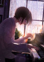 Rule 34 | 1boy, absurdres, bad id, bad pixiv id, brown eyes, brown hair, collared shirt, concentrating, film grain, highres, huge filesize, instrument, light particles, long sleeves, macaronk, male focus, music, original, parted lips, piano, playing instrument, playing piano, rain, shirt, sitting, sleeve cuffs, solo, white shirt