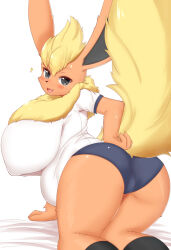 Rule 34 | 1girl, :3, ass, ass focus, bed, belly, blonde hair, blush, breasts, creatures (company), ears up, fang, fat, female focus, flareon, game freak, gen 1 pokemon, gym uniform, highres, horokusa (korai), huge breasts, kneeling, looking at viewer, looking back, nintendo, open mouth, plump, pokemon, shiny skin, shirt, smile, solo, tail, white background, white shirt