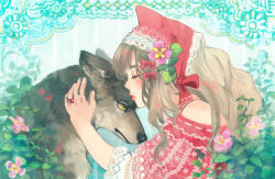 Rule 34 | 1girl, animal, brown hair, closed eyes, flower, fox, highres, jewelry, kiss, kissing animal, lips, mayday, original, ring, solo, wolf