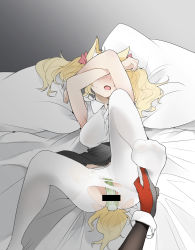 Rule 34 | 2girls, animal ears, arknights, bar censor, bed sheet, black gloves, black skirt, blonde hair, bow, breasts, censored, covering face, feet, female focus, gloves, green panties, hair bow, hair ribbon, highres, holding another&#039;s foot, indoors, long sleeves, lying, medium breasts, multiple girls, on back, open mouth, panties, pantyhose, pillow, red bow, red gloves, red ribbon, ribbon, saliva, sex toy, shinnasuka025, skirt, solo focus, sora (arknights), sweat, tail, texas (arknights), torn clothes, torn legwear, twintails, underwear, vibrator, vibrator under clothes, vibrator under panties, white legwear, wolf tail, yuri