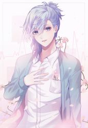 Rule 34 | 1boy, absurdres, android, asymmetrical hair, blue eyes, blue hair, blue jacket, cardiogram, cherry blossoms, collared shirt, falling petals, flower in pocket, framed, hair between eyes, hand on own chest, hasu (selisa), highres, jacket, light blue hair, looking at viewer, male focus, medium hair, mikaze ai, open collar, parted bangs, petals, shirt, short ponytail, smile, solo, tube, upper body, uta no prince-sama, white background, white shirt
