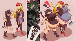 Rule 34 | 2girls, absurdres, alunya, animal ears, ass expansion, belt, black dress, black hair, blonde hair, bob cut, book, boots, breast expansion, cat ears, cat tail, cloak, collared shirt, comic, dress, exclamation mark, eyelashes, formal, grey dress, hardkoba, highres, leftypol, long sleeves, mask, multiple girls, necktie, open hand, original, pantyhose, parted bangs, red belt, red beret, red eyes, rodina, shirt, shoes, short sleeves, surprised, tail, weight gain