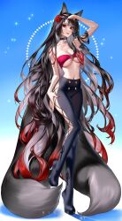 Rule 34 | 1girl, animal ears, artist name, bare arms, black choker, black hair, breasts, character request, choker, commentary, flower, fox ears, fox tail, gradient hair, hair flower, hair ornament, highres, large breasts, linea alba, long hair, looking at viewer, multicolored hair, multiple tails, navel, red eyes, red flower, red hair, red rose, red tube top, ringeko-chan, rose, smile, solo, standing, standing on one leg, strapless, tail, tube top, two-tone hair, very long hair