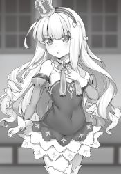 Rule 34 | 1girl, azur lane, blush, bow, breasts, gloves, greyscale, hair bow, hand on own chest, highres, long hair, looking away, monochrome, novel illustration, official art, parted lips, queen elizabeth (azur lane), raiou, ringlets, small breasts, solo, thighhighs, very long hair