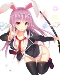Rule 34 | 1girl, :3, animal ears, ashu, black thighhighs, blazer, bottomless, breasts, downblouse, extra ears, female focus, highres, jacket, katana, large breasts, long hair, long sleeves, looking at viewer, loose necktie, necktie, no bra, no panties, open clothes, open shirt, panties, purple hair, rabbit ears, rabbit girl, rabbit tail, red eyes, reisen udongein inaba, shirt, simple background, solo, sparkle, striped clothes, striped panties, sword, tail, thighhighs, touhou, underwear, very long hair, weapon