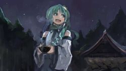 Rule 34 | 1girl, :d, bad id, bad twitter id, bare shoulders, bowl, breath, cup, detached sleeves, frog hair ornament, green eyes, green hair, hair ornament, hair tubes, holding, holding bowl, ichiba youichi, japanese clothes, kochiya sanae, long hair, long sleeves, looking to the side, matching hair/eyes, miko, moriya shrine, night, open mouth, scarf, shirt, shrine, skirt, smile, snake hair ornament, solo, star (sky), touhou, tree, vest, wide sleeves