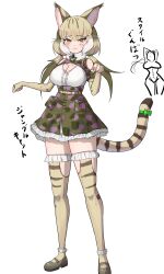 Rule 34 | 1girl, absurdres, animal ears, belt, camouflage, cat ears, cat girl, cat tail, elbow gloves, extra ears, fingerless gloves, full body, gakukuru, gloves, green eyes, grey hair, highres, jacket, jungle cat (kemono friends), kemono friends, kemono friends v project, long hair, looking at viewer, microphone, ribbon, shirt, shoes, simple background, skirt, solo, tail, thighhighs, twintails, virtual youtuber
