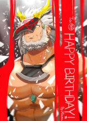 Rule 34 | 1boy, abs, antlers, axe necklace, bara, beard, broken, facial hair, full beard, gift art, glowing, glowing eyes, happy birthday, highres, hiwen-d, horns, huge eyebrows, jewelry, large pectorals, looking at viewer, male focus, mature male, muscular, muscular male, necklace, old, old man, original, parted lips, pectorals, solo, thick beard, upper body, veil over eyes, yellow eyes