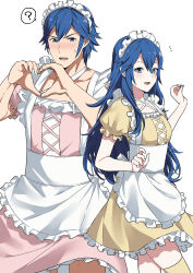 Rule 34 | 1boy, 1girl, alternate costume, ameno (a meno0), apron, blue eyes, blue hair, breasts, chrom (fire emblem), confused, father and daughter, fire emblem, fire emblem awakening, hair between eyes, hand gesture, heart, heart hands, long hair, looking at viewer, lucina (fire emblem), maid, maid headdress, nintendo, open mouth, short hair, small breasts, smile, sweatdrop, symbol-shaped pupils, thighhighs, very long hair, white background