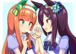 Rule 34 | 2girls, animal ears, aqua eyes, blue background, border, bow, brown hair, commentary request, ear covers, ear ornament, food, food in mouth, hair ornament, hairband, hairclip, highres, hime cut, holding, holding food, holding popsicle, horse ears, horse girl, long hair, mejiro dober (umamusume), multiple girls, notice lines, orange hair, popsicle, popsicle in mouth, puffy short sleeves, puffy sleeves, purple bow, purple eyes, purple shirt, school uniform, shirt, short sleeves, silence suzuka (umamusume), simple background, tracen school uniform, umamusume, upper body, white border, white hairband, whitelily bread