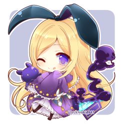 Rule 34 | 10s, 1girl, ;q, black pantyhose, black ribbon, blonde hair, blush, box, brown footwear, capelet, character request, chibi, closed mouth, commentary request, dress, frilled capelet, frilled sleeves, frills, full body, grey background, hair ribbon, long hair, long sleeves, monster, monster strike, one eye closed, outline, pantyhose, purple capelet, purple dress, purple eyes, ribbon, skull, sleeves past fingers, sleeves past wrists, smile, smoke, solo, tongue, tongue out, two-tone background, very long hair, white background, white outline, wide sleeves, yukiyuki 441