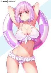 Rule 34 | 10s, 1girl, :o, armpits, arms up, bare shoulders, bikini, blush, breasts, cameltoe, cleavage, cleft of venus, collarbone, covered erect nipples, frilled bikini, frills, front-tie bikini top, front-tie top, gluteal fold, gridman universe, hair between eyes, halterneck, hong (white spider), innertube, large breasts, looking at viewer, navel, pink hair, red eyes, shinjou akane, short hair, solo, ssss.gridman, standing, stomach, swim ring, swimsuit, white bikini