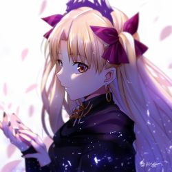 Rule 34 | 1girl, blonde hair, blush, breasts, cape, earrings, ereshkigal (fate), ereshkigal (third ascension) (fate), fate/grand order, fate (series), hair ribbon, jewelry, light particles, long hair, looking at viewer, nail polish, parted bangs, purple nails, red eyes, red ribbon, ribbon, skull, solo, tiara, twintails, twitter username, two side up, yaoshi jun