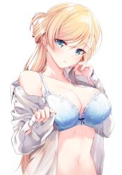 Rule 34 | 1girl, araragi ayune, bare shoulders, blonde hair, blue bra, blue eyes, blush, bow, bow bra, bra, breasts, cleavage, collarbone, collared shirt, half updo, highres, large breasts, long hair, long sleeves, looking at viewer, navel, off-shoulder shirt, off shoulder, open clothes, open mouth, open shirt, original, rinna milford, shirt, simple background, sleeves past wrists, solo, swept bangs, unbuttoned, underwear, white background, white shirt