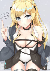 Rule 34 | 1girl, arm support, black thighhighs, blonde hair, blush, braid, breasts, choker, cleavage, coat, collarbone, covered navel, dated, dress, girls&#039; frontline, grey coat, grey eyes, hair ornament, head tilt, index finger raised, k5 (girls&#039; frontline), large breasts, leotard, light particles, long hair, looking at viewer, off shoulder, open clothes, open coat, open dress, parted lips, sidelocks, signature, sitting, smile, solo, strap, swept bangs, thigh strap, thighhighs, thighs, unel1211, white leotard