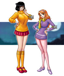 2girls black_hair blush breasts brown_eyes cosplay daphne_blake daphne_blake_(cosplay) dress glasses green_scarf hairband iury_padilha large_breasts legs long_hair long_legs miniskirt multiple_girls nami_(one_piece) nico_robin one_piece orange_hair orange_sweater pantyhose scarf scooby-doo short_hair skirt smile socks sweater velma_dinkley velma_dinkley_(cosplay)