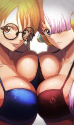 Rule 34 | 2girls, bikini, blue bikini, blue hair, breast press, breasts, brown eyes, cleavage, collarbone, didd ley, glasses, hair over one eye, highres, large breasts, looking at viewer, multicolored hair, multiple girls, nami (one piece), one piece, orange hair, red bikini, red hair, swimsuit, symmetrical docking, tongue, tongue out, two-tone hair, uta (one piece), white hair